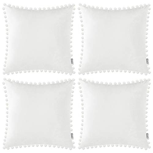 Velvet Soft Decorative Square Throw Pillow Case Cushion Covers Pillowcases with Poms for Livingroom Sofa Bedroom with Invisible Zipper 18x18in/45X45CM 4 Piece White