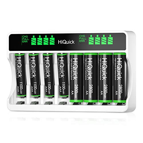 HiQuick AA AAA Batteries Charger with Batteries - Fast Charging LCD Charger 8 Bay with Long Lasting AAA Rechargeable Batteries -4Pcs- and  AA Rechargeable Batteries -4Pcs-