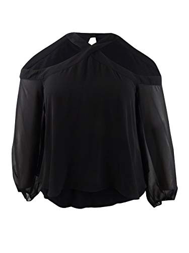 Bar III Cold-Shoulder Chiffon Overlay Mixed Media Top -Deep Black- XL-