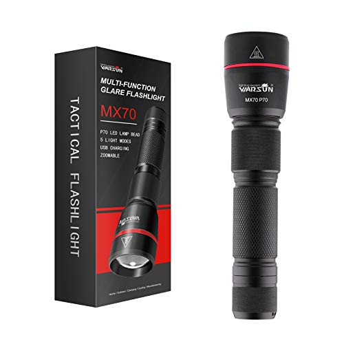 WARSUN LED Tactical Flashlight- Super Bright USB Rechargeable EDC Flashlight High Lumen- 5 Modes- Zoomable- Water Resistant- Handheld Light- Camping/Outdoor/Hiking -P70-