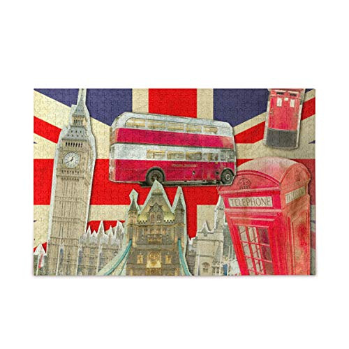 Jigsaw Puzzles for Adults Kids - Collage of Big Ben London Bus Tower Bridge Palace Westminster Funny Adult Games Adults for Puzzles 500 Piece Large Puzzle for Cool and Challenge
