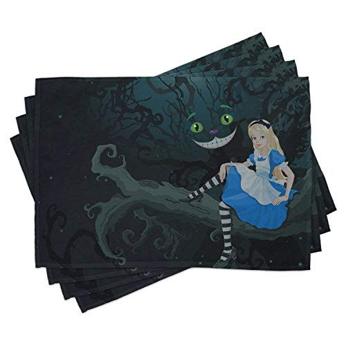 Ambesonne Alice in Wonderland Place Mats Set of 4- Alice Sitting on Branch and Chescire Cat in Darkness Cartoon Style- Washable Fabric Placemats for Dining Room Kitchen Table Decor- Multicolor Ambesonne Alice in Wonderland Place Mats Set of 4- Alice Sitting on Branch and Chescire Cat in Darkness Cartoon Style- Washable Fabric Placemats for Dining Room Kitchen Table Decor- Multicolor