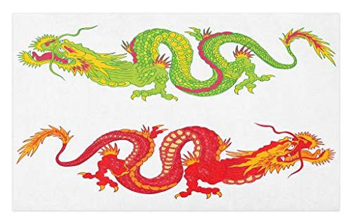 Lunarable Dragon Doormat- 2 Folkloric Japanese Dragons Historical Dangerous Creatures Tale Illustration- Decorative Polyester Floor Mat with Non-Skid Backing- 30inch X 18inch- Orange Green
