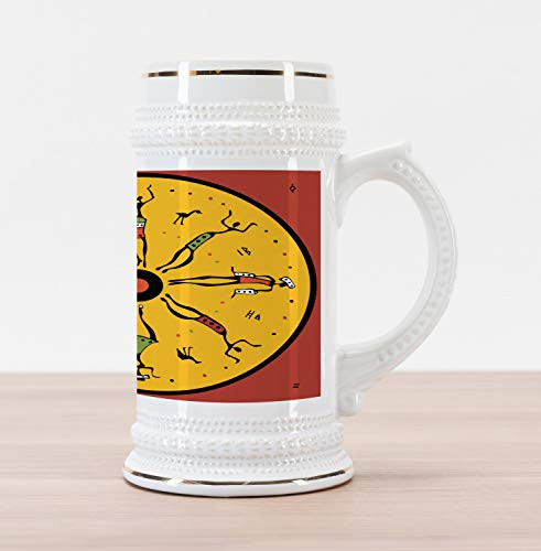 Lunarable African Beer Stein Mug- Circular Geometric Chart with Dancers Inside Hippie Boho Pattern- Traditional Style Decorative Printed Ceramic Large Beer Mug Stein- Ruby Earth Yellow