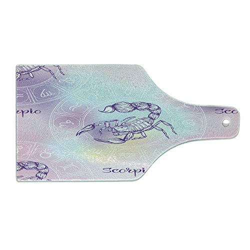 Lunarable Scorpio Cutting Board- Colorful Pastel Toned Arrangement with Insect Animal and Zodiac Round Chart- Decorative Tempered Glass Cutting and Serving Board- Wine Bottle Shape- Pink Multicolor
