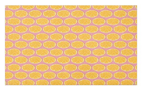 Lunarable Fruit Doormat- Repeated Orange Slices and Sprinkle Shaped Abstract Motifs on Background- Decorative Polyester Floor Mat with Non-Skid Backing- 30inch X 18inch- Pale Pink Earth Yellow