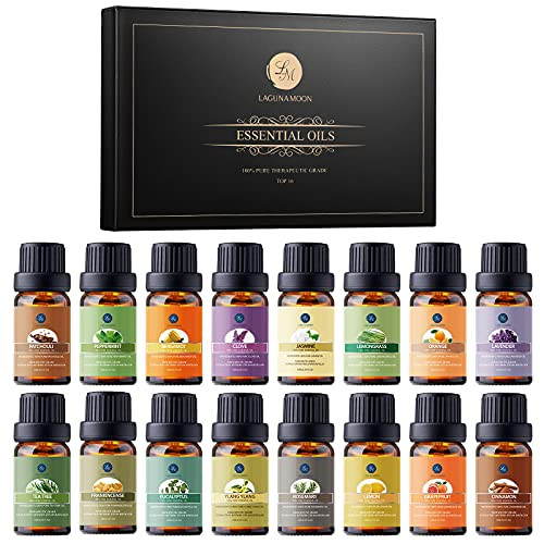Lagunamoon Essential Oils Gift Set 16 x 10mL Essential Oils for Diffuser Humidifier Sleep Massage Aromatherapy Essential Oils - Lavender- Tea Tree- Lemon- Orange- Peppermint- Rosemary- Lemongrass