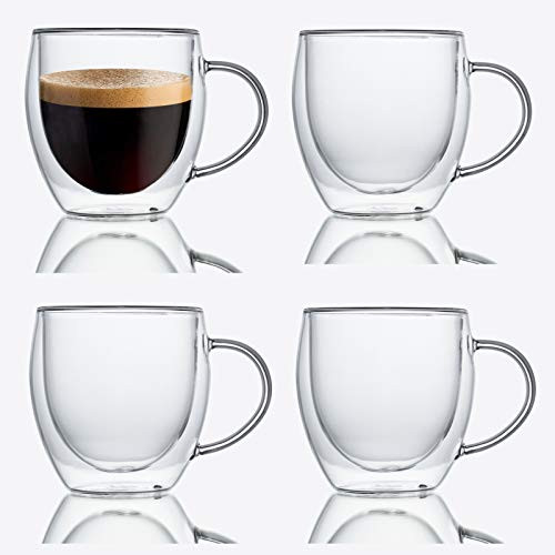Zoneyila Glass coffee mugs - 8 Ounce / 250ml Double Wall Insulated Glass Coffee Tea Cup Set with Handle- Perfect for Espresso- Latte- Cappuccino- Set of 4