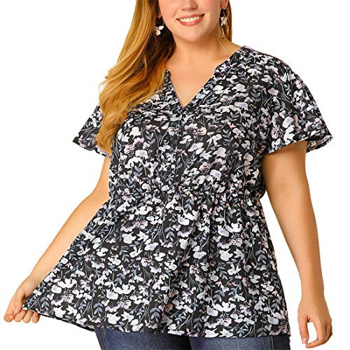 Agnes Orinda Women's Plus Size Floral Top Elastic Waist Chiffon Blouse Mothers Day 3X Black