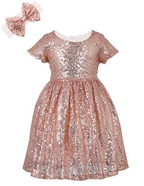 ANATA Girls Sparkle Party Dress Summer Bridesmaid Wedding Gown for Toddler Baby Sequin Short Sleeve Princess Dresses Solid Color Christmas Thanksgiving Day Rose Gold 09 6-7Years