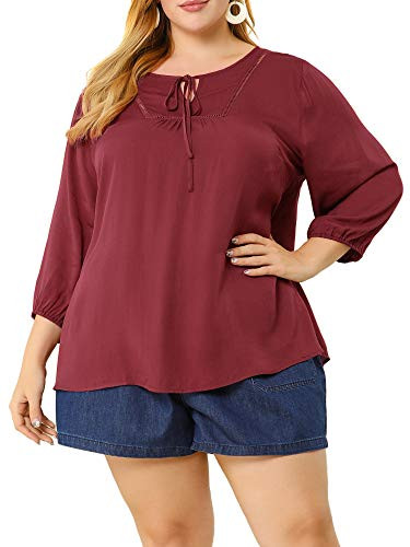 Agnes Orinda Plus Size Blouses for Women Self Tie Keyhole Round Neck Elastic Cuff Ruffle Peplum Blouse 2X Red