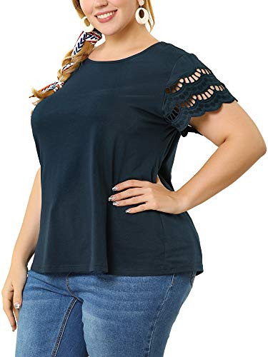 Agnes Orinda Plus Size Top for Women Lace Panel Elegant Blouse Hollow Short Sleeve Work Tops 2X Dark Blue