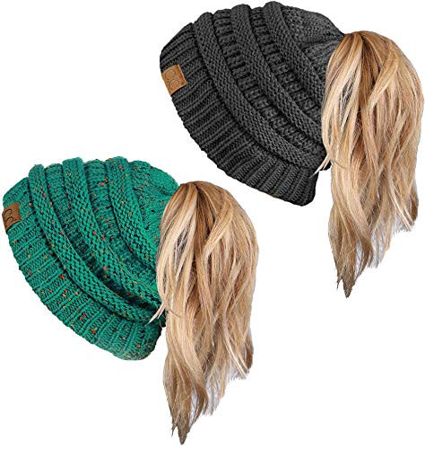 Messy Bun Beanie Tail Bundle - Charcoal  and  Confetti Sea Green -2 Pack-