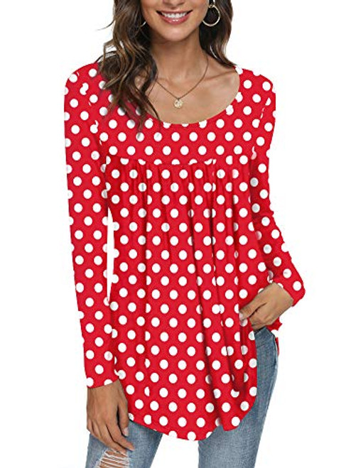 CATHY Women's Casual Long Sleeve Ruffle Tunic Tops Loose T Shirt Blouse for Leggings- 3XL- Polka Dot Red-white