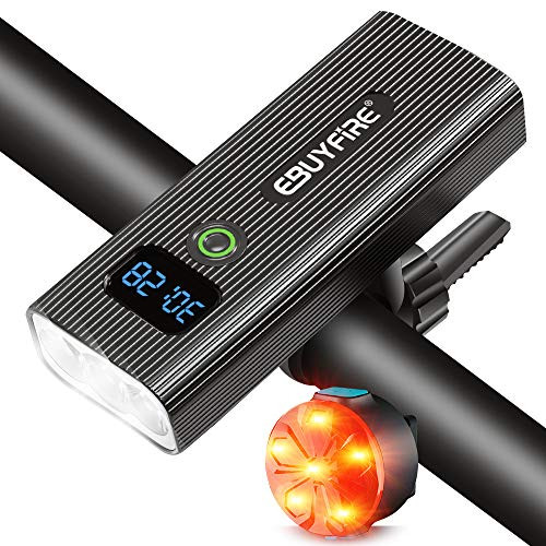 EBUYFIRE Bike Lights Set USB Rechargeable-Super Bright Bicycle Front Headlight and Back Taillight- 5 Light Modes-IPX5 Waterproof-LED Digital Display Bicycle Light for All Bicycles-2400lumen-