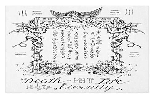 Ambesonne Occult Doormat- Gothic Medieval Magic and Spell Eternal Life Chart Themed Artwork- Decorative Polyester Floor Mat with Non-Skid Backing- 30inch X 18inch- White Black