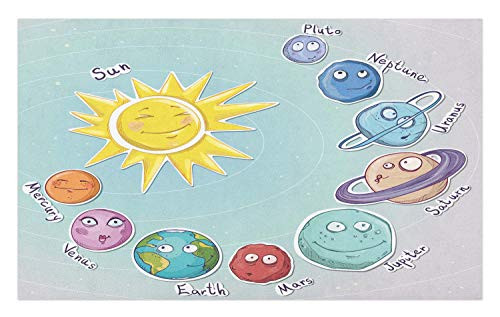 Ambesonne Space Doormat- Cartoon Sun Planets of Solar System Fun Celestial Chart Theme- Decorative Polyester Floor Mat with Non-Skid Backing- 30inch X 18inch- Multicolor