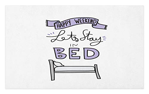 Ambesonne Saying Doormat- Happy Weekend Lets Stay in Bed Typography Cartoon- Decorative Polyester Floor Mat with Non-Skid Backing- 30inch X 18inch- Pastel Purple Charcoal Grey Pale Grey White