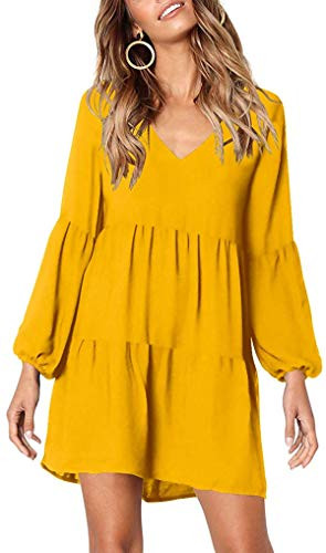 MISSLOOK Women's Long Sleeve Tunic Dress V Neck Ruffle Loose Mini Dress Swing Shift Dresses Yellow XX-Large