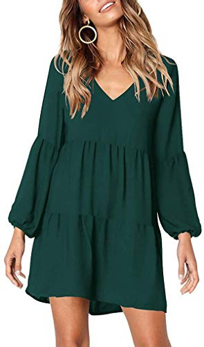 MISSLOOK Women's Long Sleeve Tunic Dress V Neck Ruffle Loose Mini Dress Swing Shift Dresses Green-4 X-Large