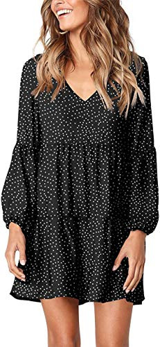 MISSLOOK Women's Long Sleeve Tunic Dress V Neck Ruffle Loose Mini Dress Swing Shift Dresses Black-White Small