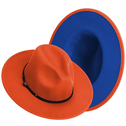 SAJUZEN Wide Brim Fedora Hats for Women Mens Felt Fedora Hats with Belt Buckle Orange/Blue