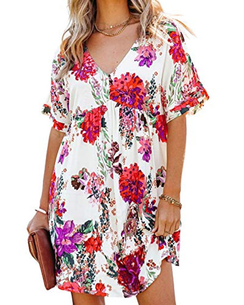 Dellytop Womens Summer v Neck Floral Print Dress Loose Casual Flowy Short Sleeve Mini Dress White