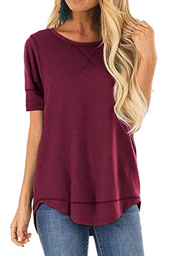 HIYIYEZI Women's Casual Short Sleeve Round Neck Loose Tunic T Shirt Blouse Tops -X-Large-Wine red-