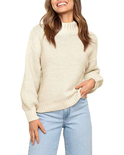 Imily Bela Womens Mock Neck Knit Sweaters Fall Slouchy Chunky Lantern Sleeve Pullover Jumper Apricot