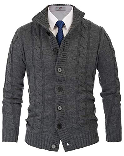 PJ PAUL JONES Men's Cardigan Sweaters with Buttons Stand Collar Cable Knit Sweater S Dark Grey