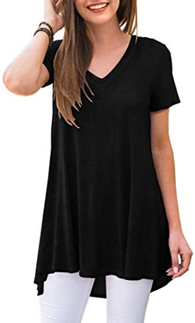 POPYOUNG Women's Summer Casual T-Shirt V-Neck Short Sleeve Tunic Tops for Leggings Loose Blouse Shirt 3XL-Black