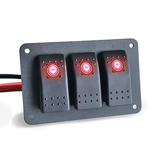 MGI SpeedWare 3 LED Rocker Switch Panel- 12/24vDC Automotive and Marine- Black Powdercoat Steel -Red-