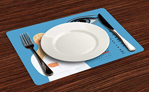 Ambesonne Eye Chart Place Mats Set of 4- Cartoon Style Female Doctor Ophthalmologist with an Eye and Graph- Washable Fabric Placemats for Dining Room Kitchen Table Decor- Sea Blue and Multicolor