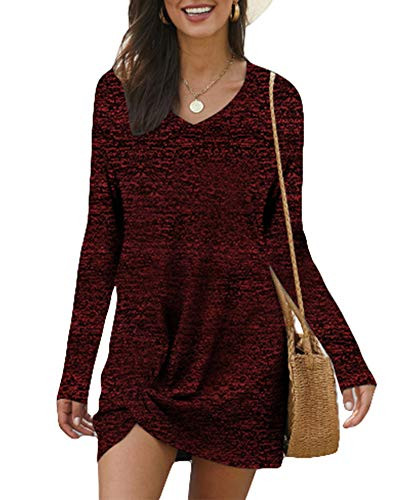 Urchics Womens Summer Casual Short T Shirt Dresses Side Knot Mini Dress Long Sleeve Wine M