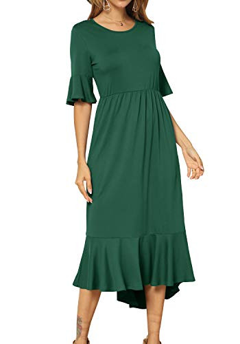 levaca Women's Plain Casual Empire Waist Ruffles Hem Flowy Midi Dress Green L