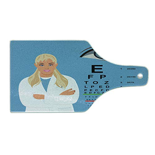 Ambesonne Eye Chart Cutting Board- Cartoon Style Female Doctor Ophthalmologist with an Eye and Graph- Decorative Tempered Glass Cutting and Serving Board- Wine Bottle Shape- Sea Blue and Multicolor