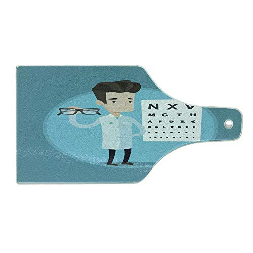 Ambesonne Eye Chart Cutting Board- Male Doctor Holding Glasses with an Eye Chart on the Background- Decorative Tempered Glass Cutting and Serving Board- Wine Bottle Shape- Sea Blue and Multicolor