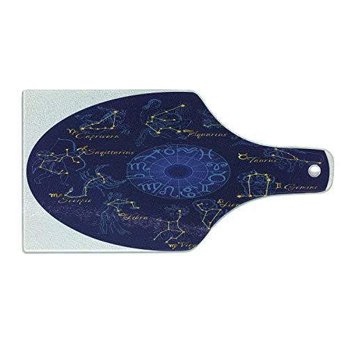 Lunarable Zodiac Cutting Board- World Shaped Zodiac Chart with Celestial Moves Featured Planetary Effects Artwork- Decorative Tempered Glass Cutting and Serving Board- Wine Bottle Shape- Blue