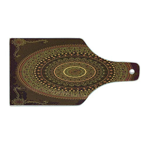 Lunarable Mandala Cutting Board- Traditional Mandala Chart Motif in Bohemian Cultural- Decorative Tempered Glass Cutting and Serving Board- Wine Bottle Shape- Green Brown and Mustard