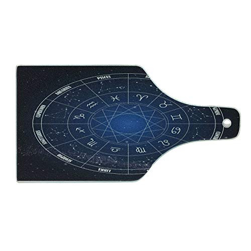 Ambesonne Astrology Cutting Board- Zodiac Horoscope Chart in Wheel Shape with Dates in Space Dots Image- Decorative Tempered Glass Cutting and Serving Board- Wine Bottle Shape- Dark Blue and White