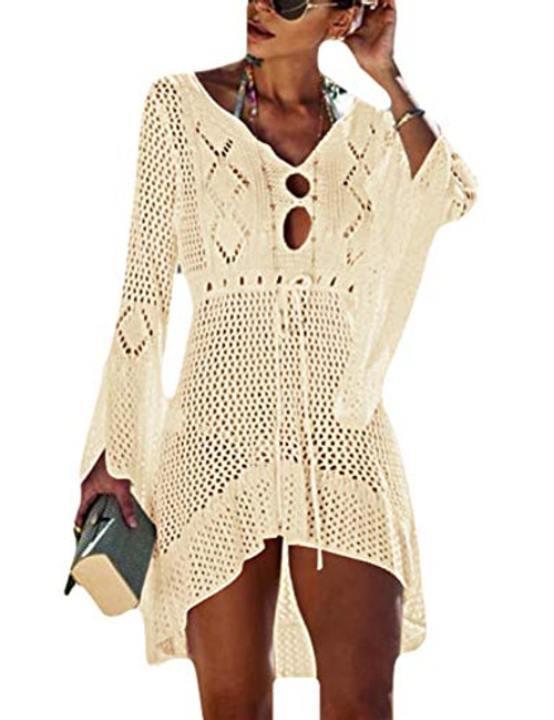 Bsubseach Women Crochet Beachwear Bikini Swimsuit Cover Up Long Sleeve Swimwear Short Dress Apricot