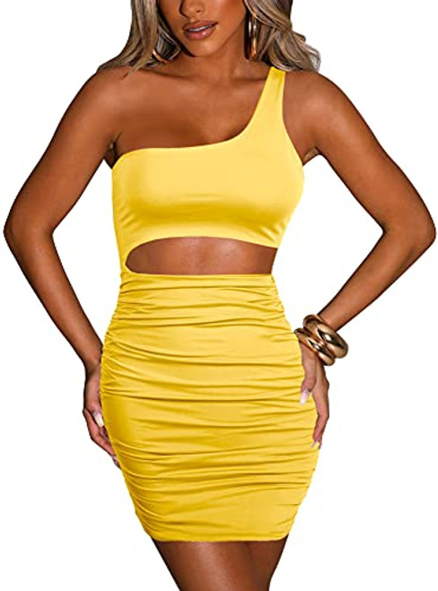 HOMELEX Womens Sexy One Shoulder Sleeveless Cutout Ruched Bodycon Yellow Mini Club Dress HOMELEX Womens Sexy One Shoulder Sleeveless Cutout Ruched Bodycon Yellow Mini Club Dress