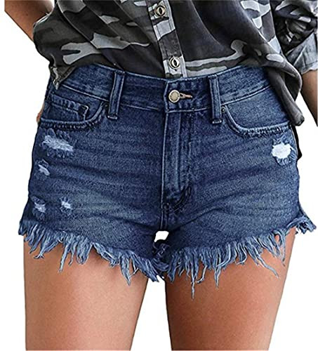 KISSMODA Women's Casual Denim Shorts Mid Length Raw Hem Ripped Jeans Short Pants Dark Blue X-Large