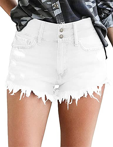 KISSMODA Denim Shorts for Women Frayed Raw Hem Ripped Jeans Retro Mom Short White Medium