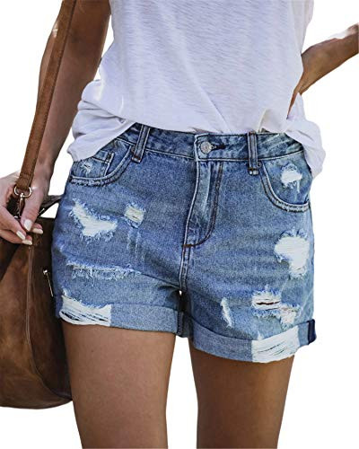 KISSMODA Women's Casual Denim Shorts Frayed Raw Hem Ripped Jeans Slim Fit Short