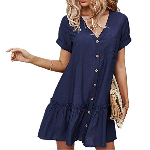 Women's Casual Short Sleeve T-Shirt Dresses Loose V Neck Solid Summer Ruffle Dress Navy Blue