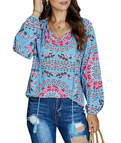 Wolddress Women Floral Print V-Neck Loose Fit Top Blouse Casual Long Sleeve Shirt Sky Blue 1X