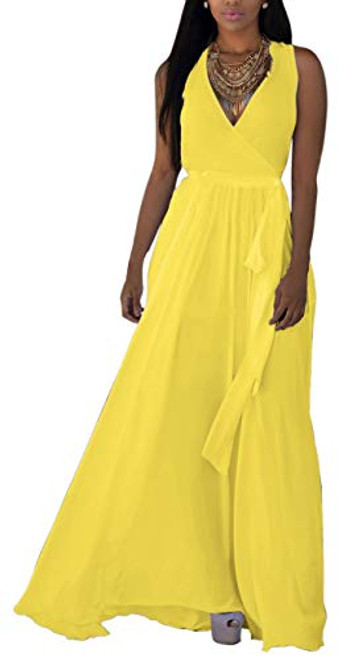 Women's Stylish Chiffon V-Neck Wrap Sleeveless Dresses Printed Floral Flowy Party Maxi Dresses with Waisted Belt Women's Stylish Chiffon V-Neck Wrap Sleeveless Dresses Printed Floral Flowy Party Maxi Dresses with Waisted Belt