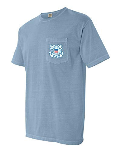 USCG Comfort Colors Pocket Shirt US Coast Guard Seal -Medium- Ice Blue-