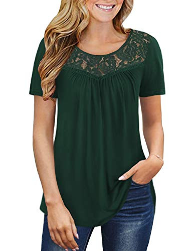 Ahlaray Women's Summer Tops Short Sleeve Lace Loose Fit Shirts Blouses- Dark Green- Medium